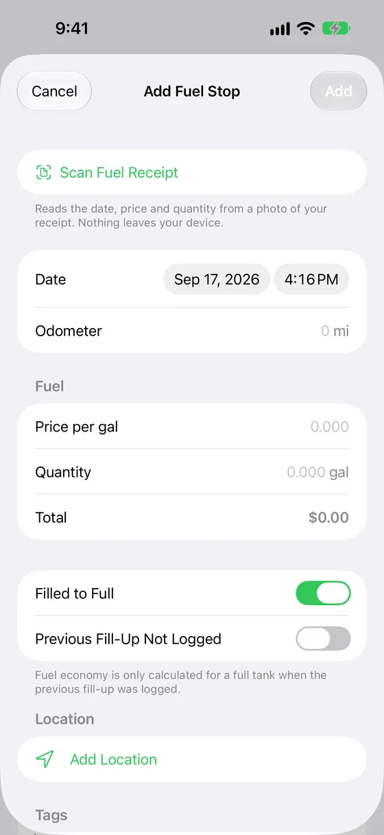 The form for a new fuel stop: date, odometer, price per gallon, quantity and fuel grade.