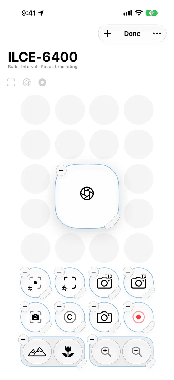 The remote in edit mode, with tiles on a grid ready to be moved, resized or removed.