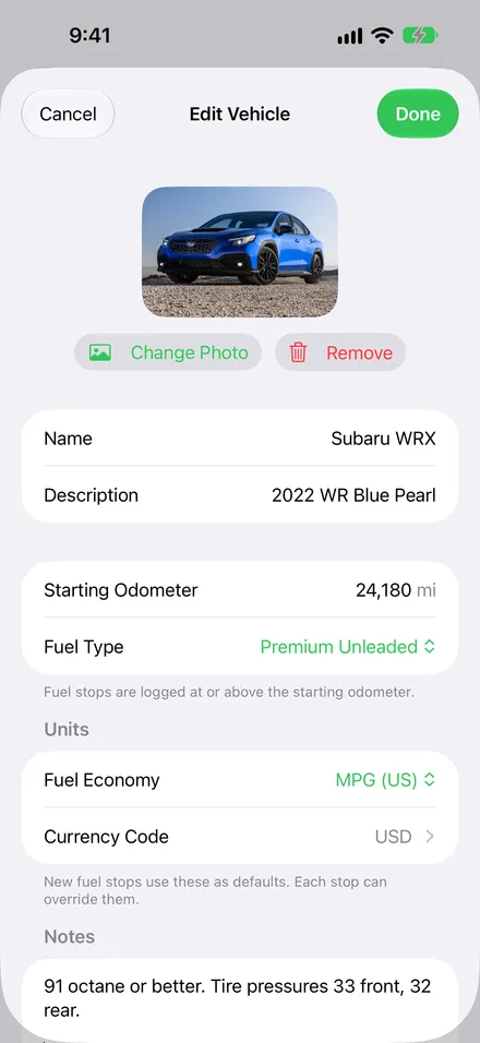 The vehicle form showing the distance unit, volume unit, fuel economy rating and currency.